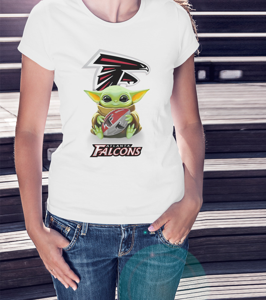 Baby Yoda Atlanta Falcons Hugging Football Nfl Tailgate White T-Shirt