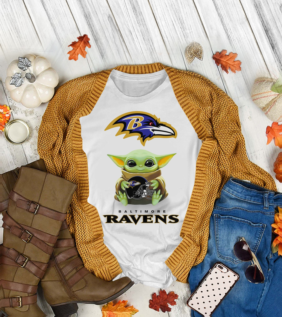 Baby Yoda Holding Baltimore Ravens Football Helmet Under Team T-Shirt