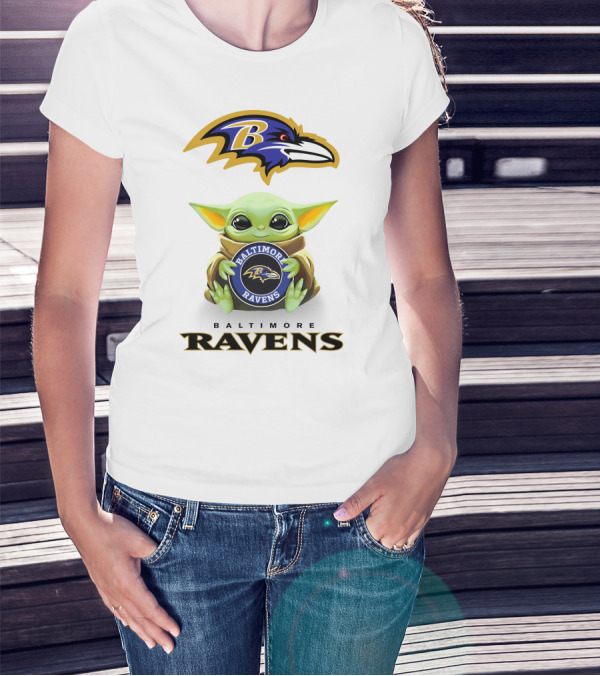Baby Yoda Holding Baltimore Ravens Logo With Team Emblems T-Shirt