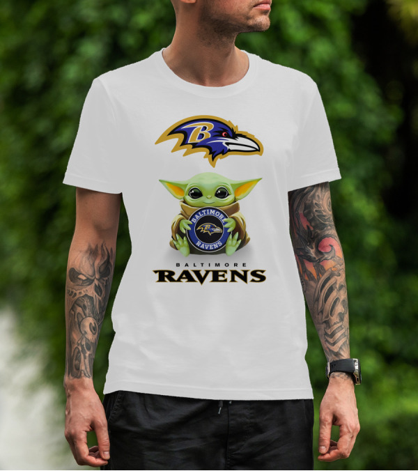 Baby Yoda Holding Baltimore Ravens Logo With Team Emblems T-Shirt