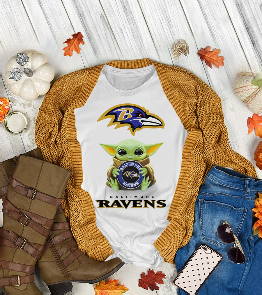 Baby Yoda Holding Baltimore Ravens Logo With Team Emblems T-Shirt