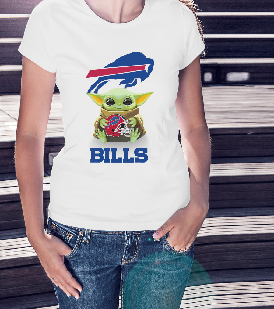 Baby Yoda Holding Buffalo Bills Helmet Logo With Bills T-Shirt