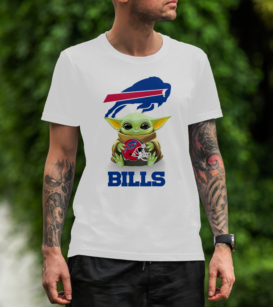 Baby Yoda Holding Buffalo Bills Helmet Logo With Bills T-Shirt