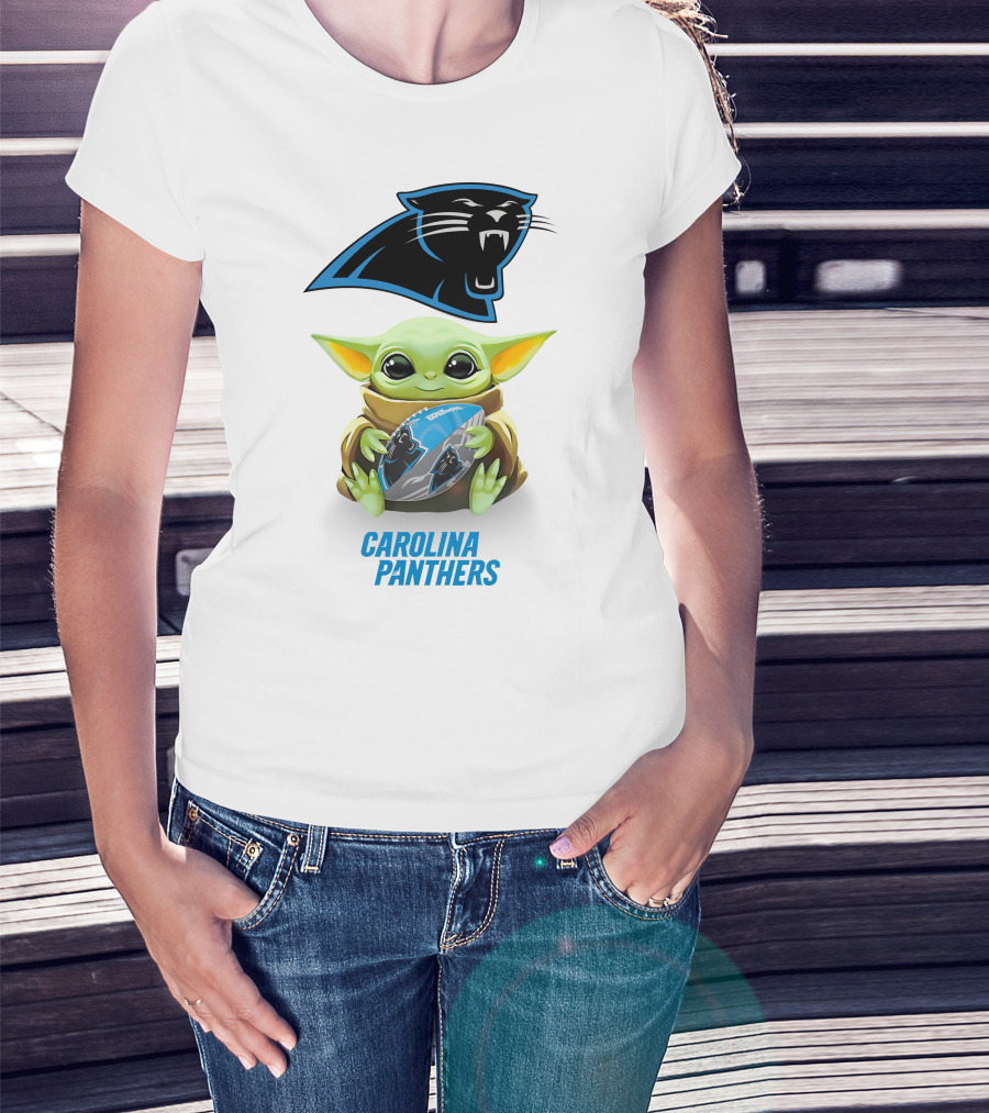 Baby Yoda Holding Carolina Panthers Football T-Shirt