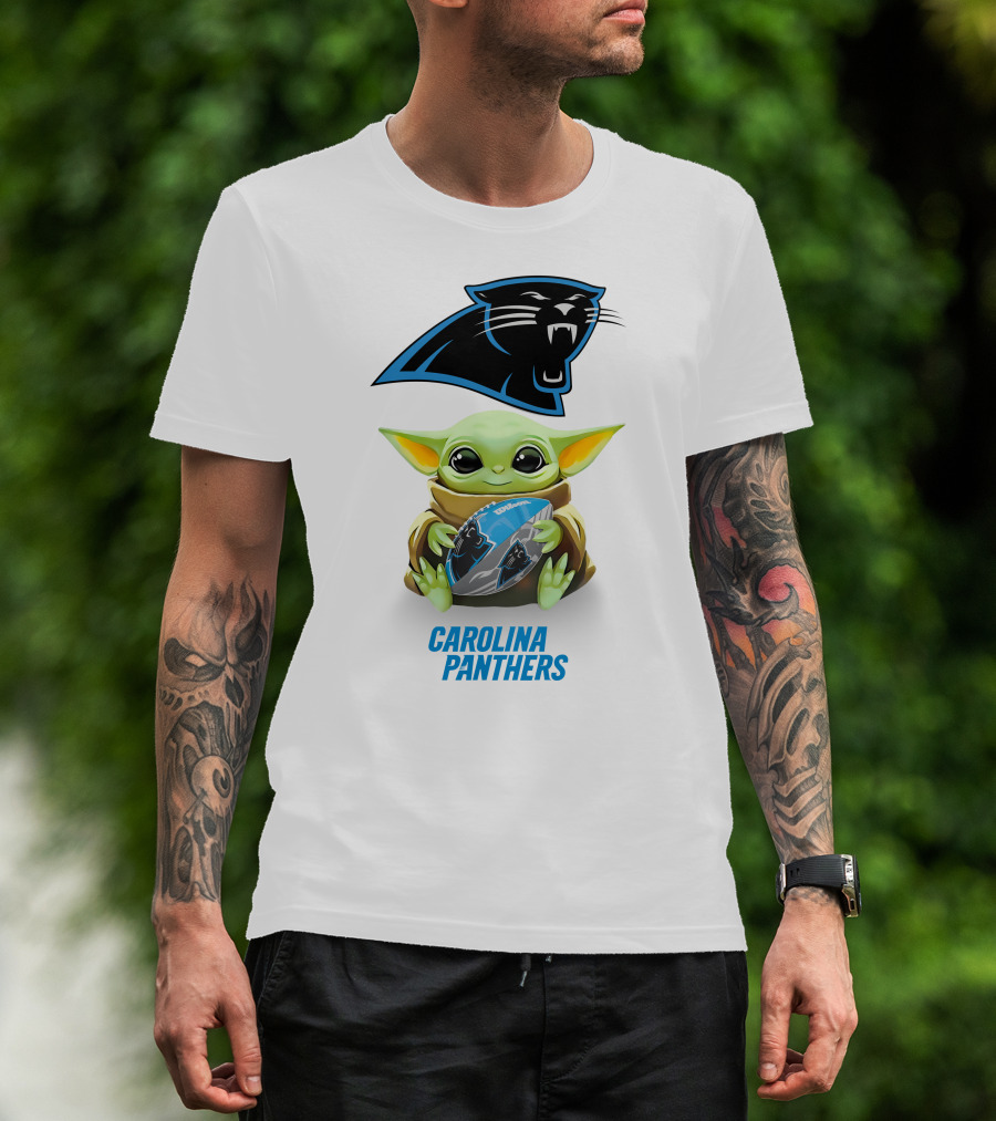 Baby Yoda Holding Carolina Panthers Football T-Shirt
