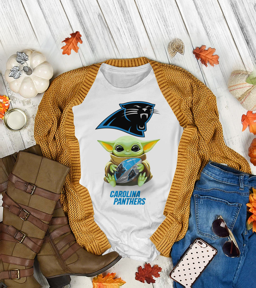 Baby Yoda Holding Carolina Panthers Football T-Shirt