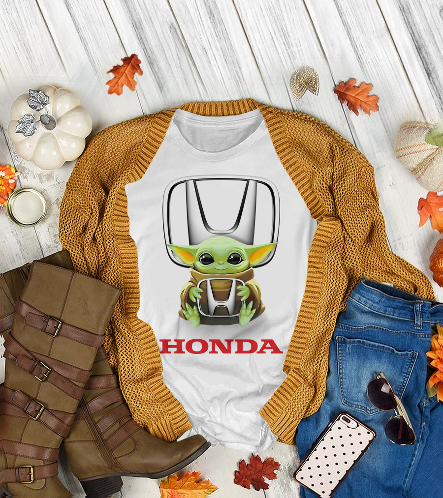 Baby Yoda Embrace With Honda Logo On White T-Shirt