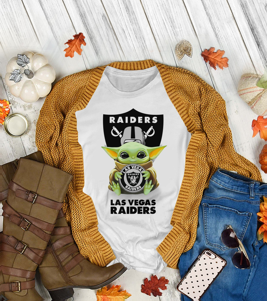 Baby Yoda Holding Las Vegas Raiders Emblem With Team Logo And Name T-Shirt