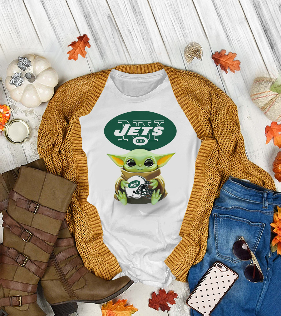 Baby Yoda Holding New York Jets Football Helmet With Jets T-Shirt