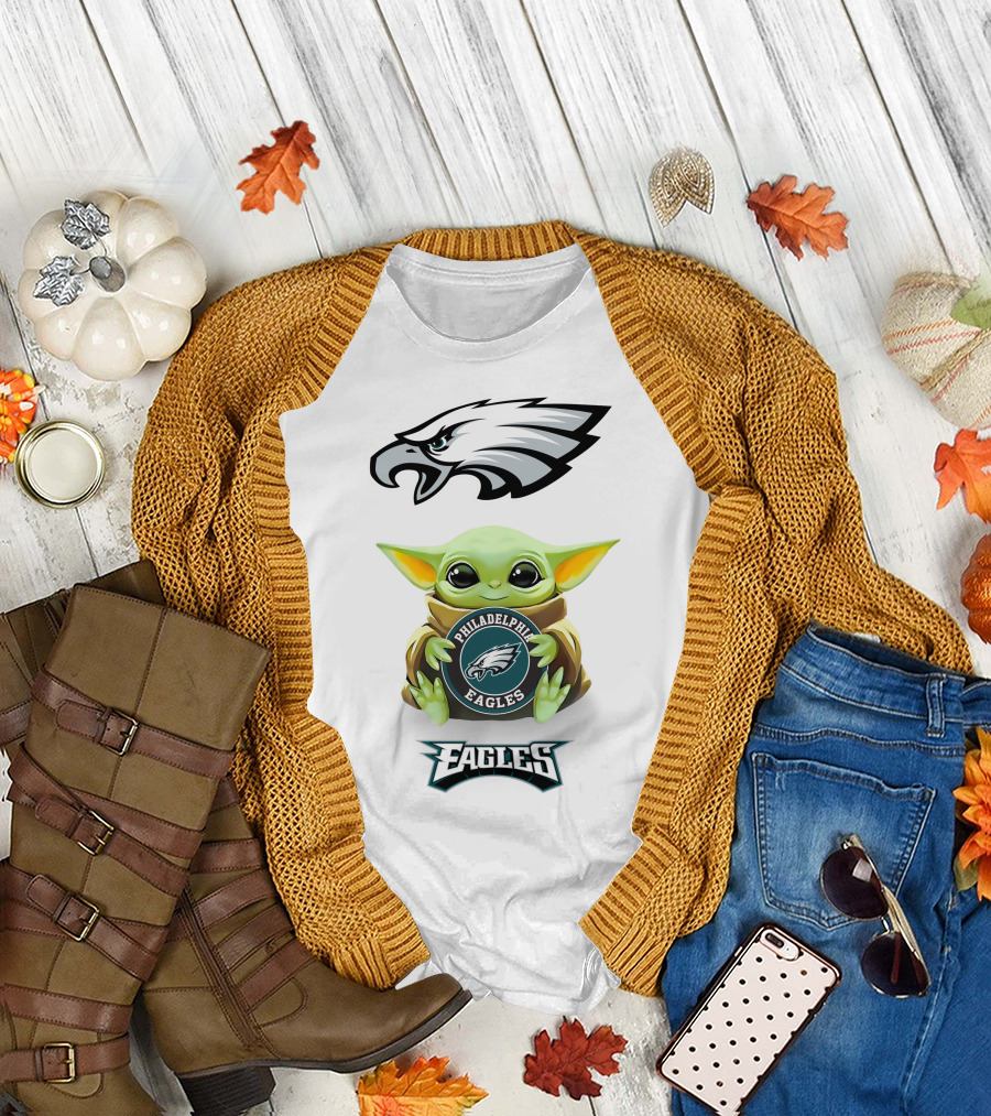 Baby Yoda Holding Philadelphia Eagles Logo Emblem With Eagles Mascot Artwork T-Shirt