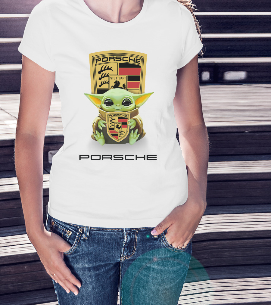 Baby Yoda Holding Stuttgart Porsche Crest T-Shirt