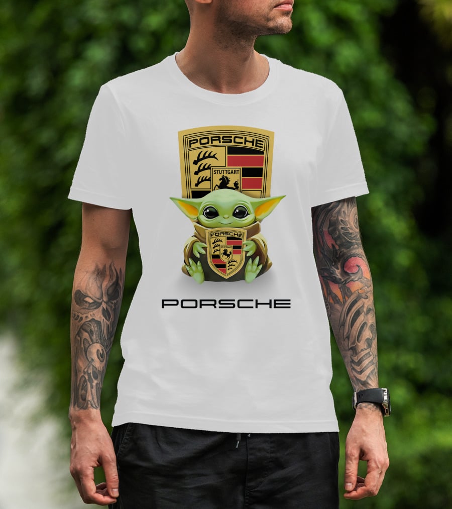 Baby Yoda Holding Stuttgart Porsche Crest T-Shirt