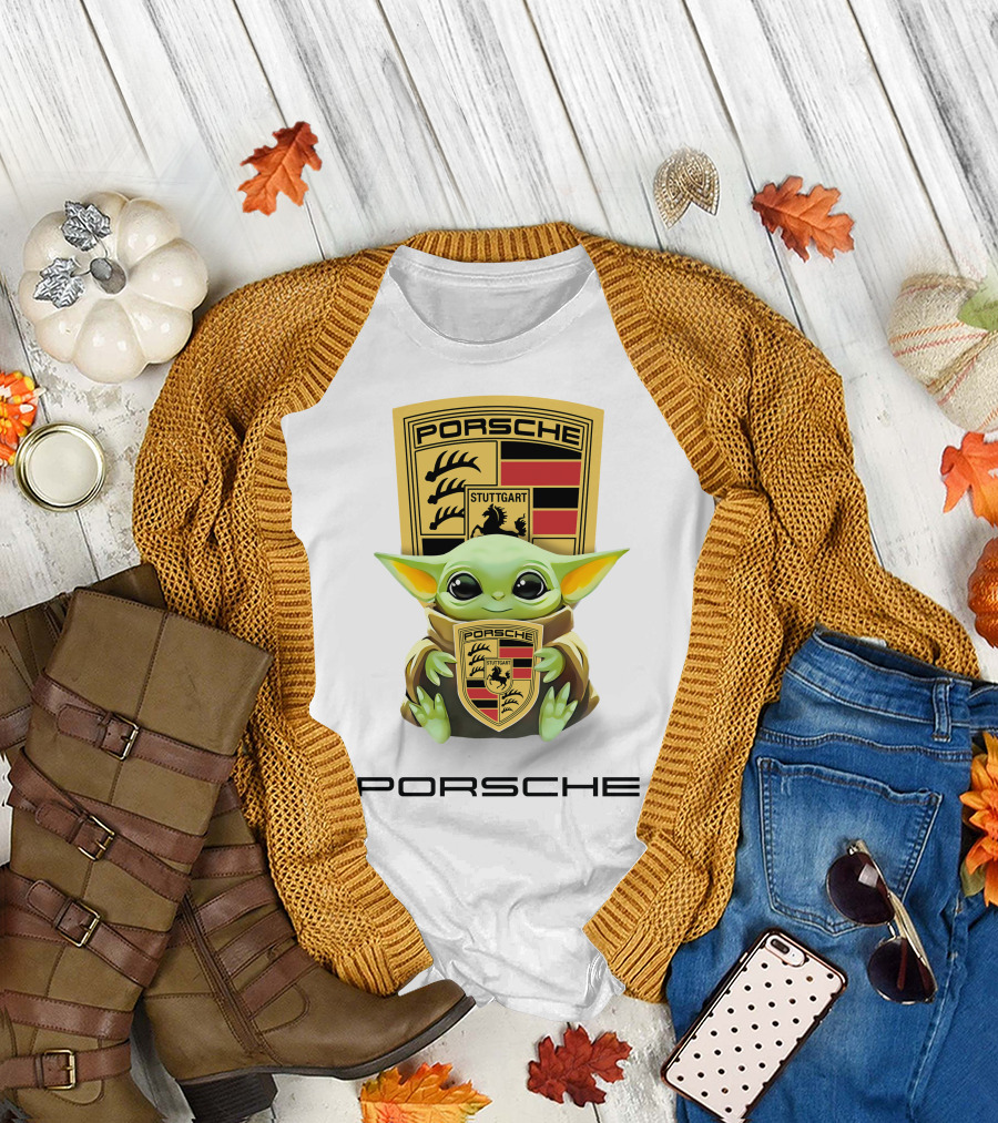 Baby Yoda Holding Stuttgart Porsche Crest T-Shirt