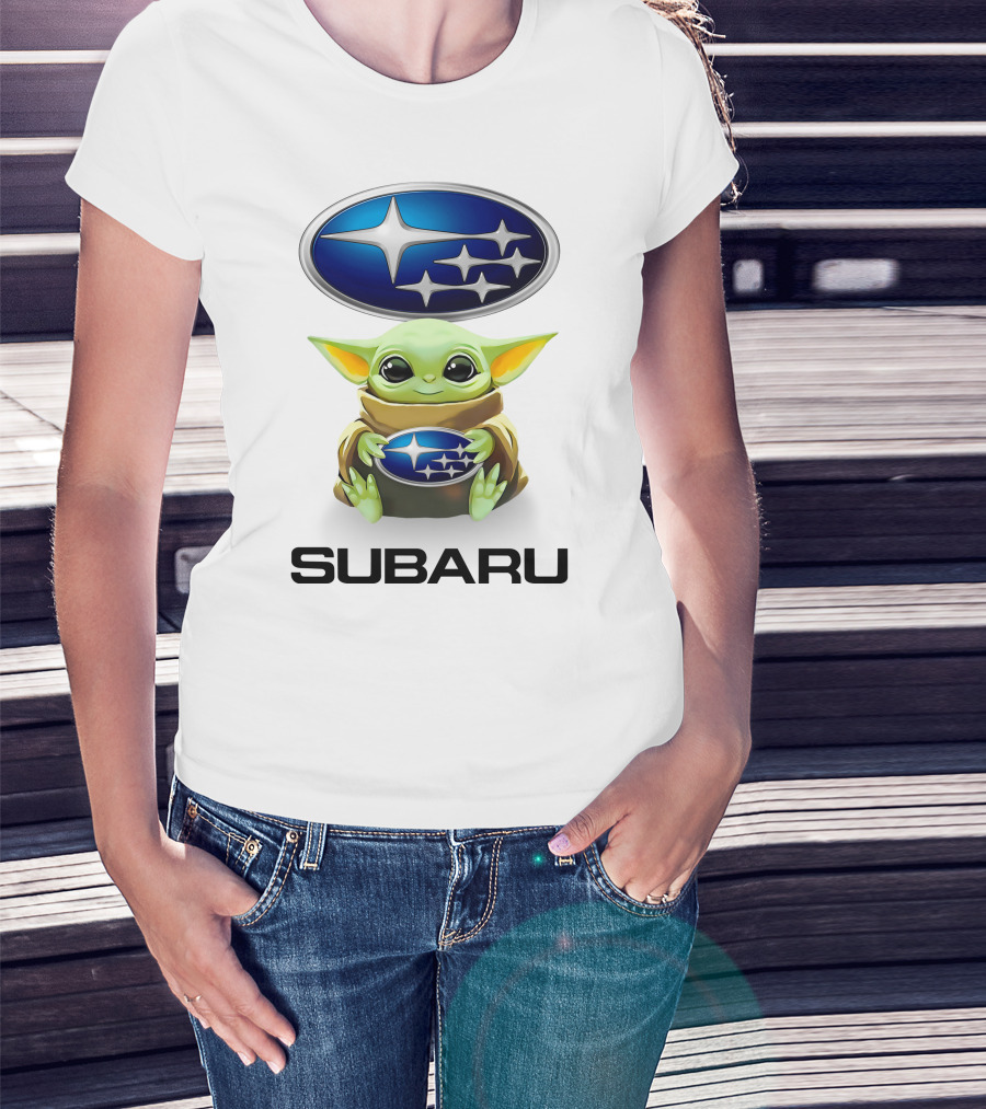 Baby Yoda Subaru Logo Hug White T-Shirt