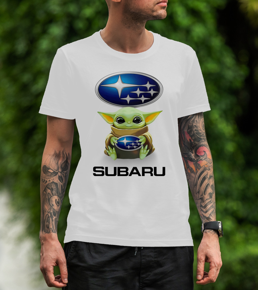 Baby Yoda Subaru Logo Hug White T-Shirt
