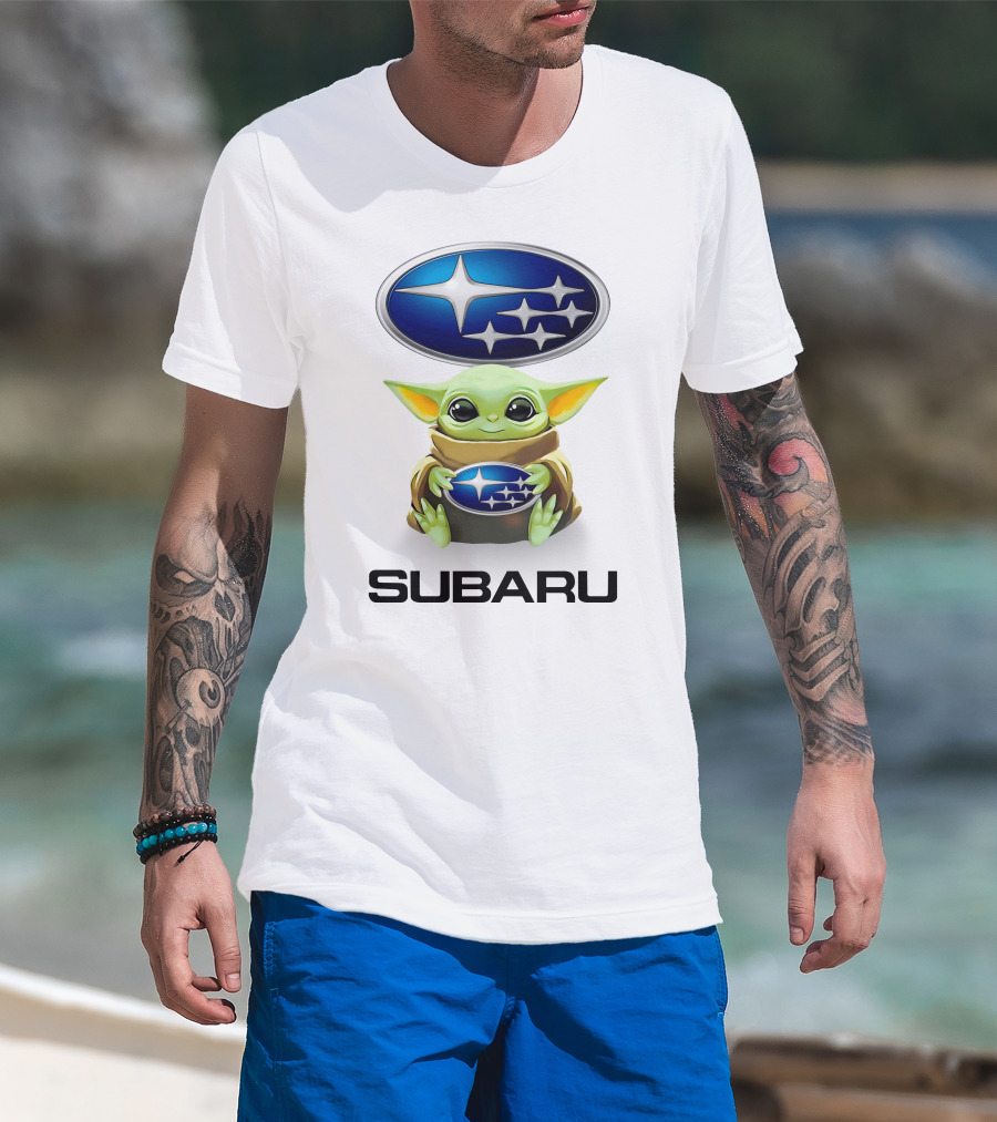 Baby Yoda Subaru Logo Hug White T-Shirt