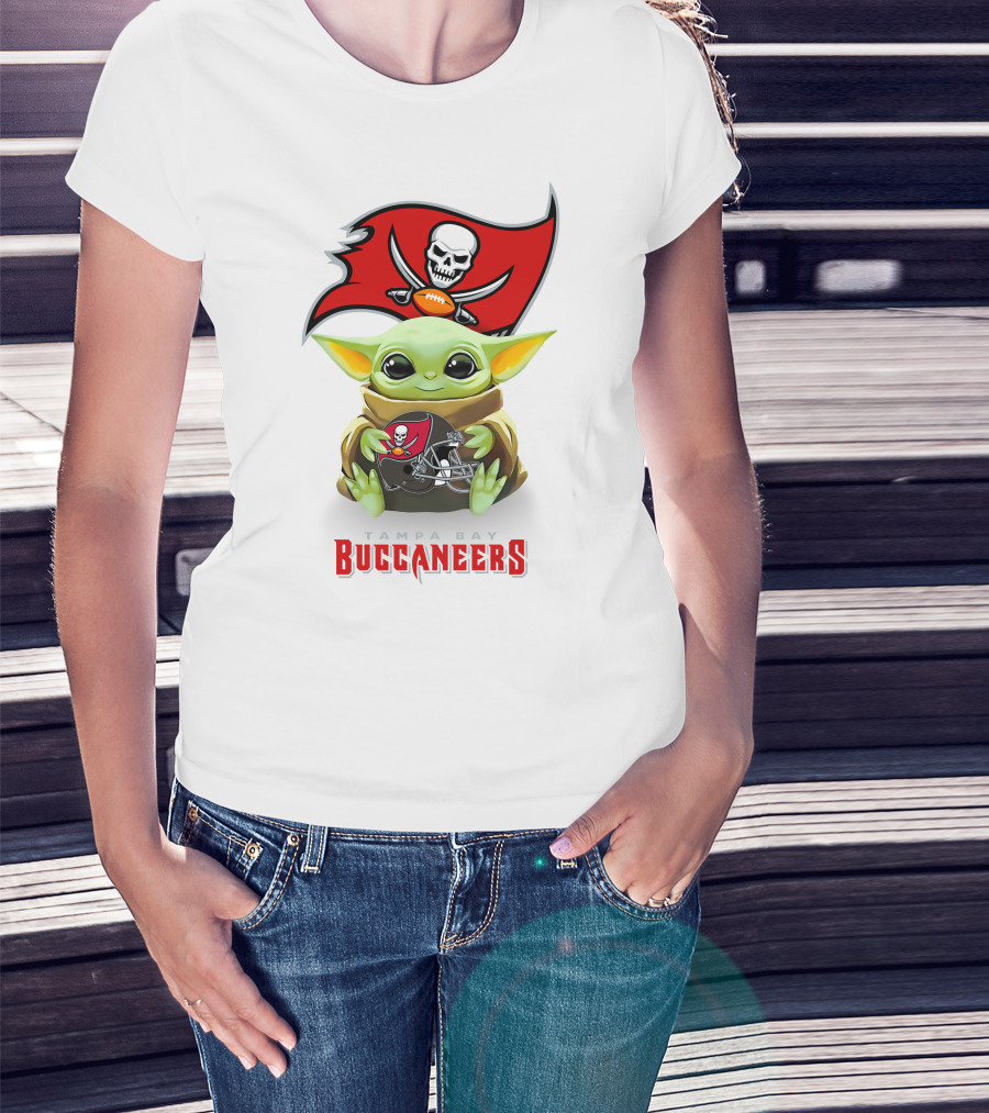 Baby Yoda Holding Tampa Bay Buccaneers Football Helmet T-Shirt