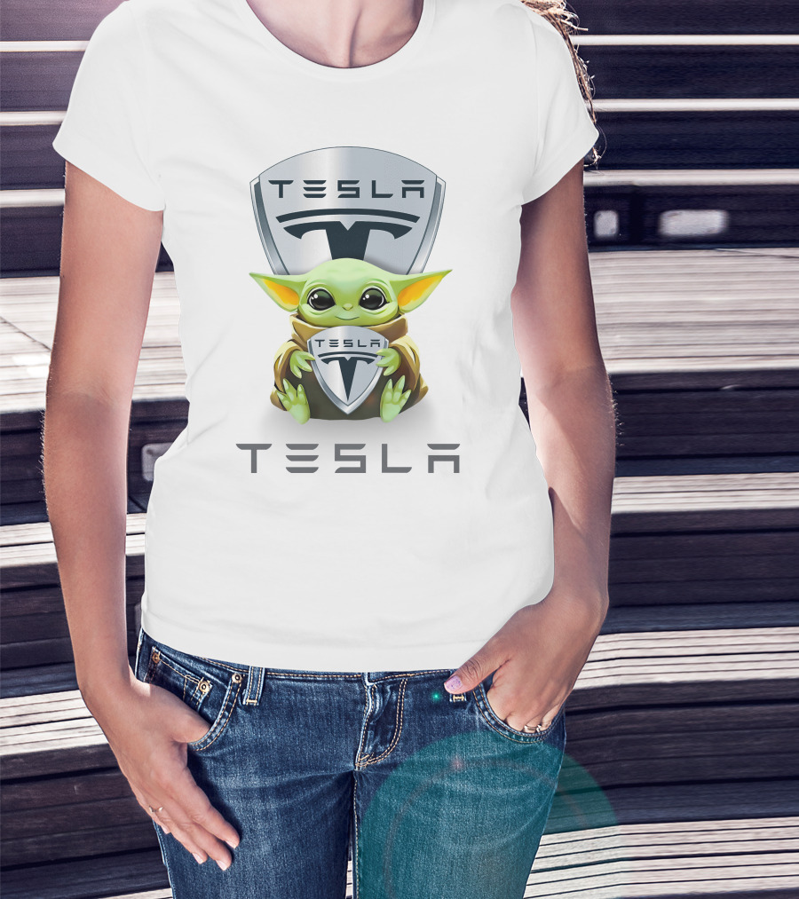 Baby Yoda Holding Tesla Shield With Tesla T-Shirt