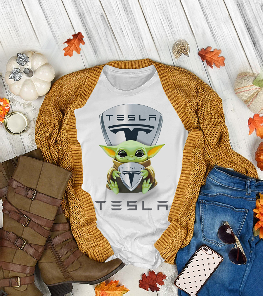 Baby Yoda Holding Tesla Shield With Tesla T-Shirt
