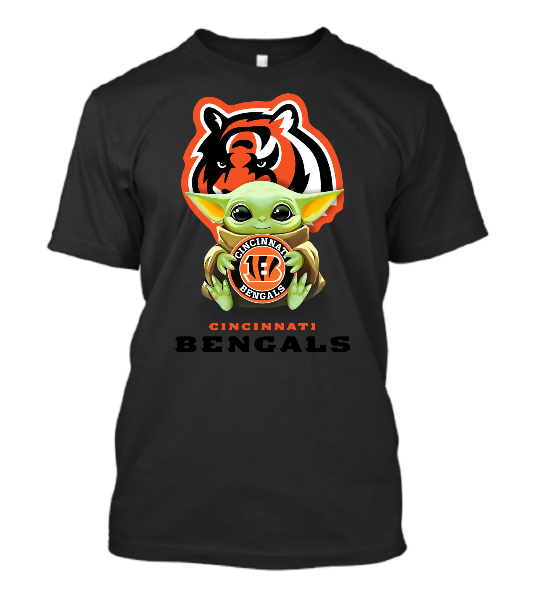 Cincinnati Bengals Baby Yoda Hugging Team Logo With Tiger Head Background T-Shirt