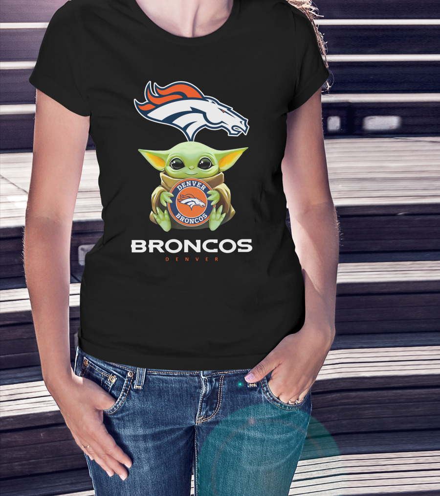 Star Wars Baby Yoda Holding Denver Broncos Emblem T-Shirt