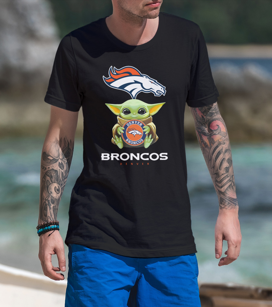 Star Wars Baby Yoda Holding Denver Broncos Emblem T-Shirt