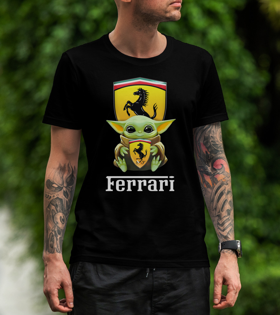 Star Wars Baby Yoda Holding Ferrari Logo Black T-Shirt