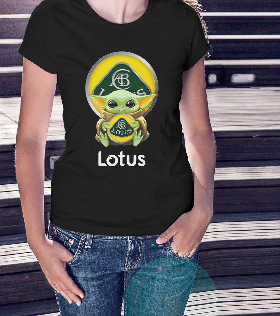 Star Wars Baby Yoda Hugging Lotus Car Logo On Black T-Shirt