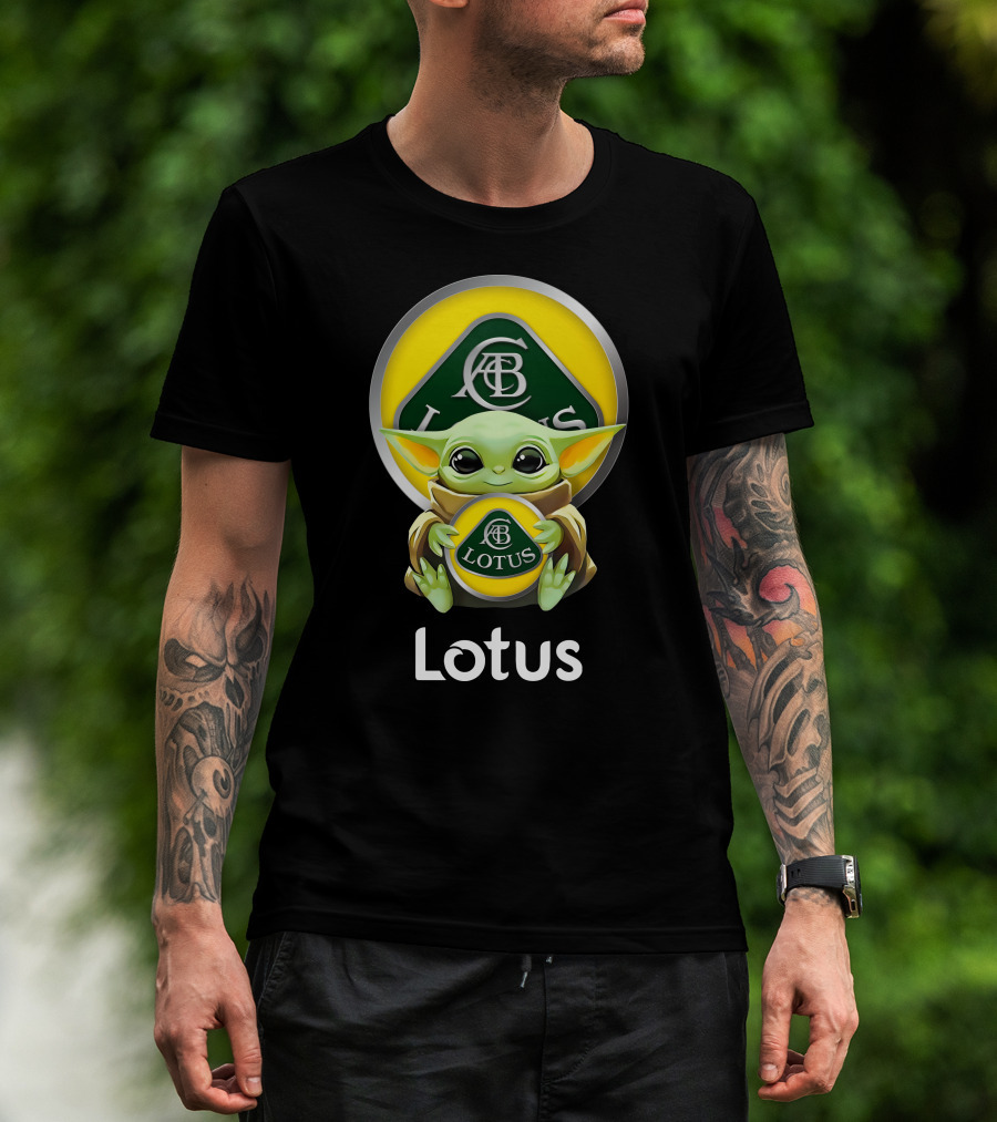 Star Wars Baby Yoda Hugging Lotus Car Logo On Black T-Shirt