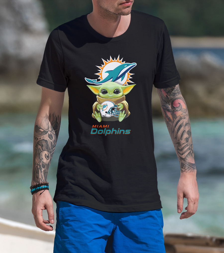 Baby Yoda Holding Miami Dolphins Helmet With Team T-Shirt