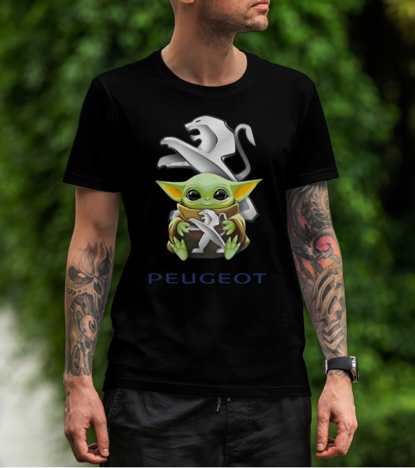 Baby Yoda Hugging Peugeot Lion Logo Star Wars Character T-Shirt