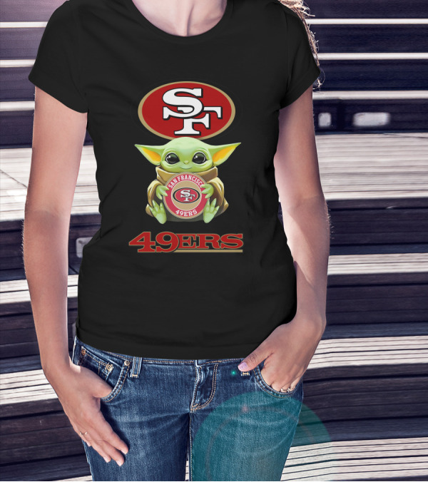 San Francisco 49ers Baby Yoda Hugging SF Logo Star Wars Theme 49ers T-Shirt
