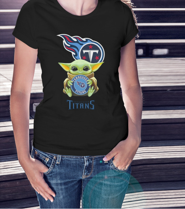 Star Wars Baby Yoda Holding Tennessee Titans Emblem T-Shirt