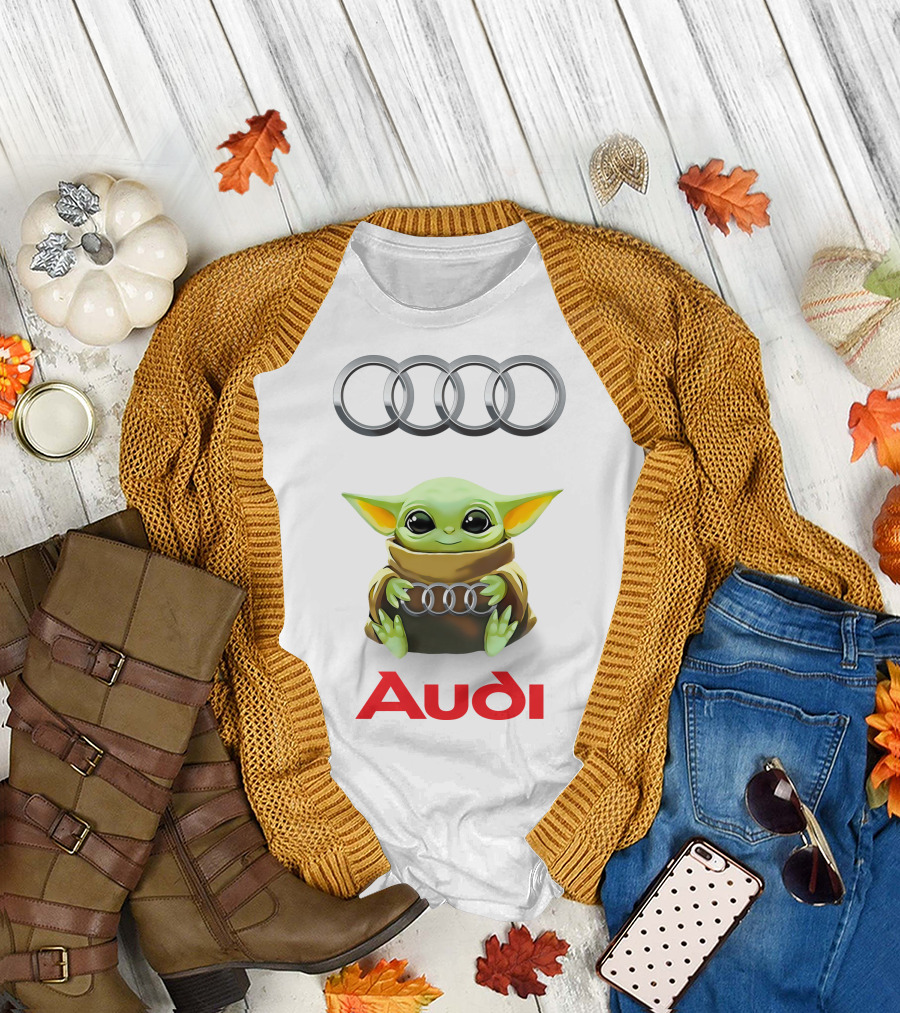 Baby Yoda Holding Audi Silver Rings With Audi T-Shirt