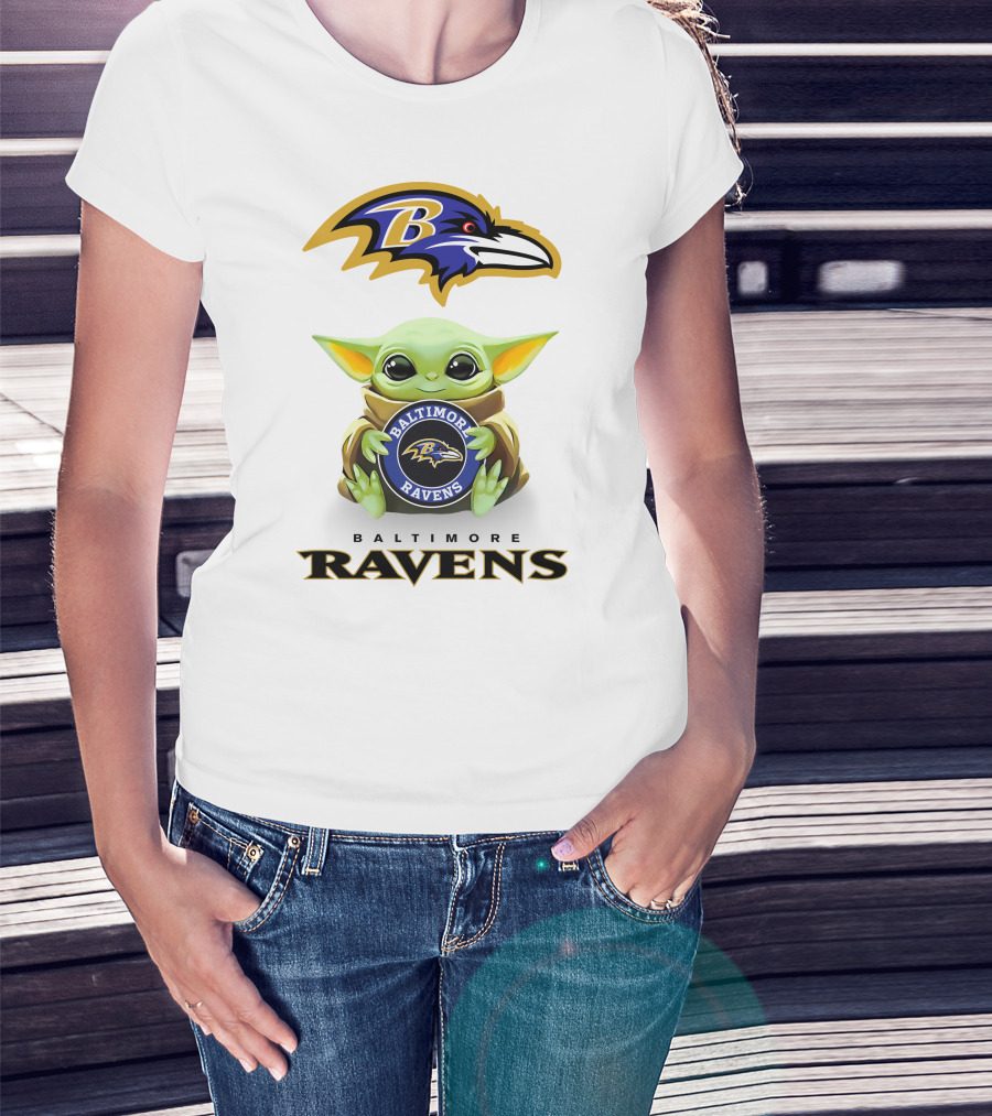 Baby Yoda Holding Baltimore Ravens Logo With Team Emblem And Name T-Shirt