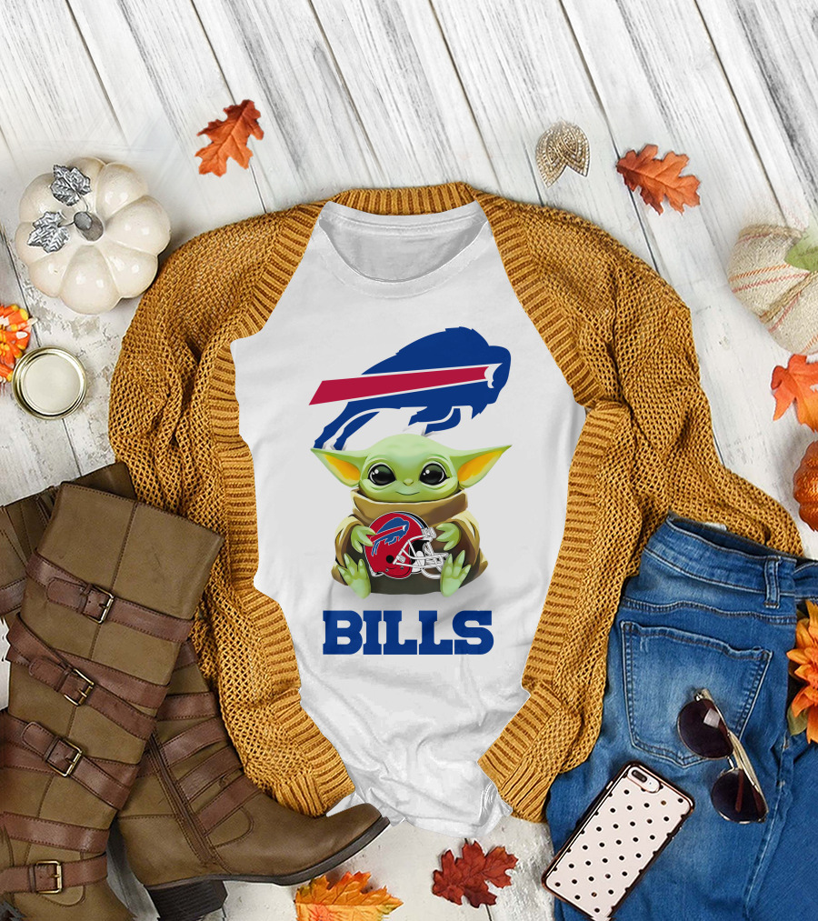 Baby Yoda Holding Buffalo Bills Helmet with Bills T-Shirt