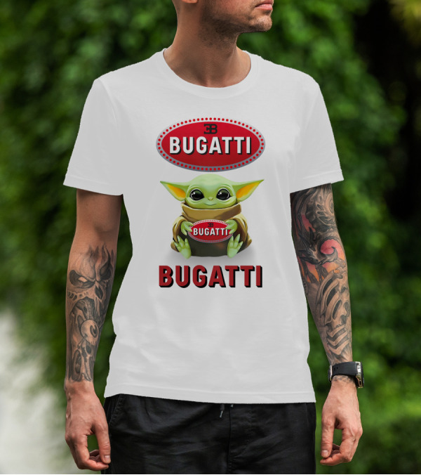 Baby Yoda Holding Bugatti Logo Emblem T-Shirt