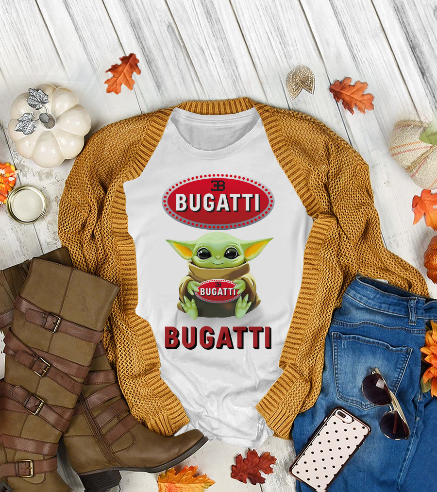 Baby Yoda Holding Bugatti Logo Emblem T-Shirt