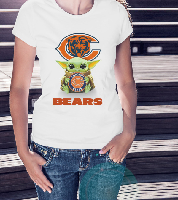 Baby Yoda Holding Chicago Bears Logo With Bears Text T-Shirt