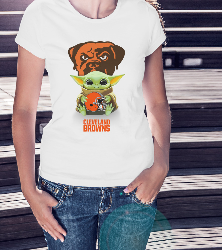 Baby Yoda Holding Cleveland Browns Helmet With Dog T-Shirt