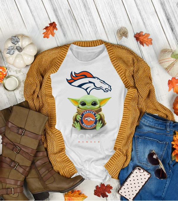 Baby Yoda Hug Denver Broncos Denver Broncos Bronco Denver White T-Shirt