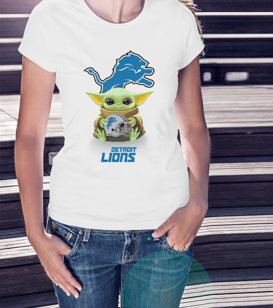 Baby Yoda With Detroit Lions Logo And Helmet Featuring Blue Lion T-Shirt