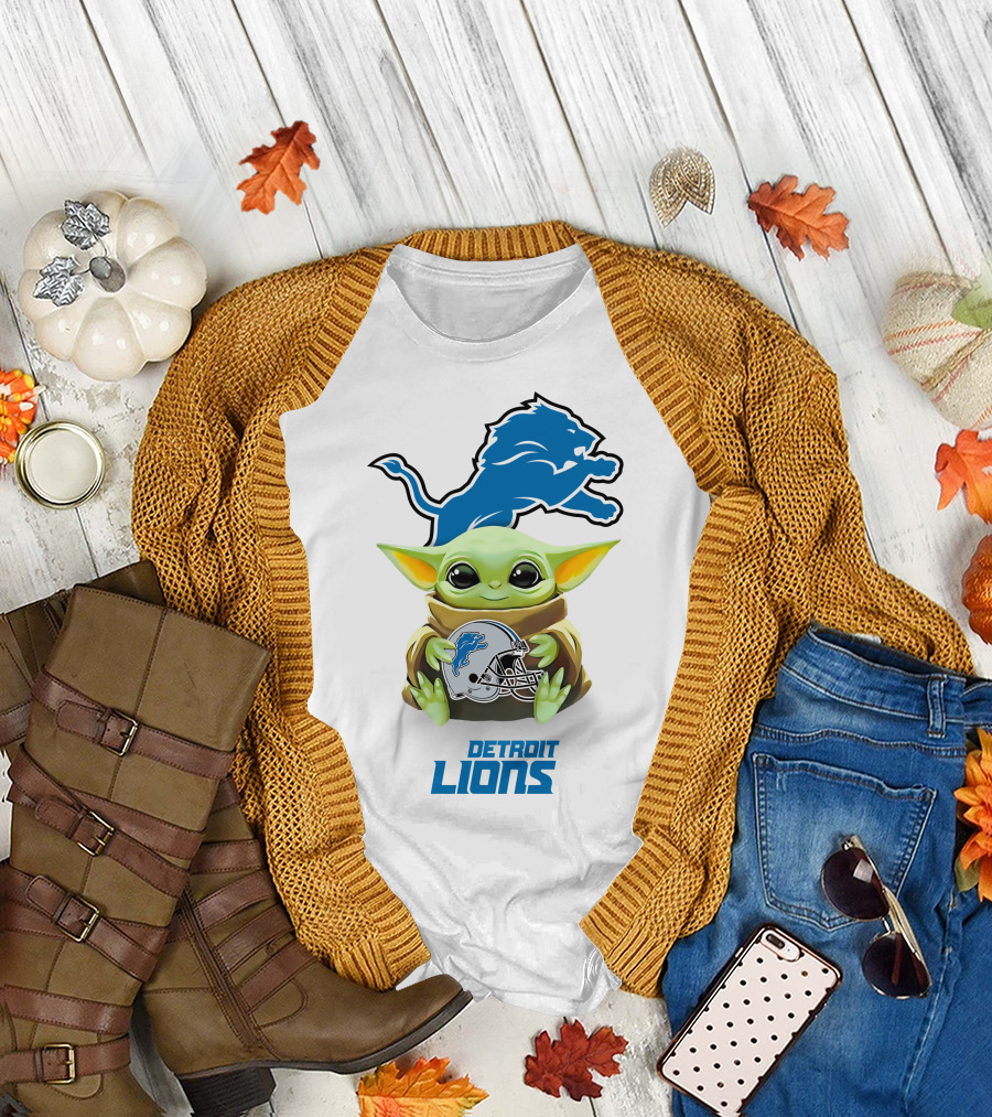 Baby Yoda With Detroit Lions Logo And Helmet Featuring Blue Lion T-Shirt