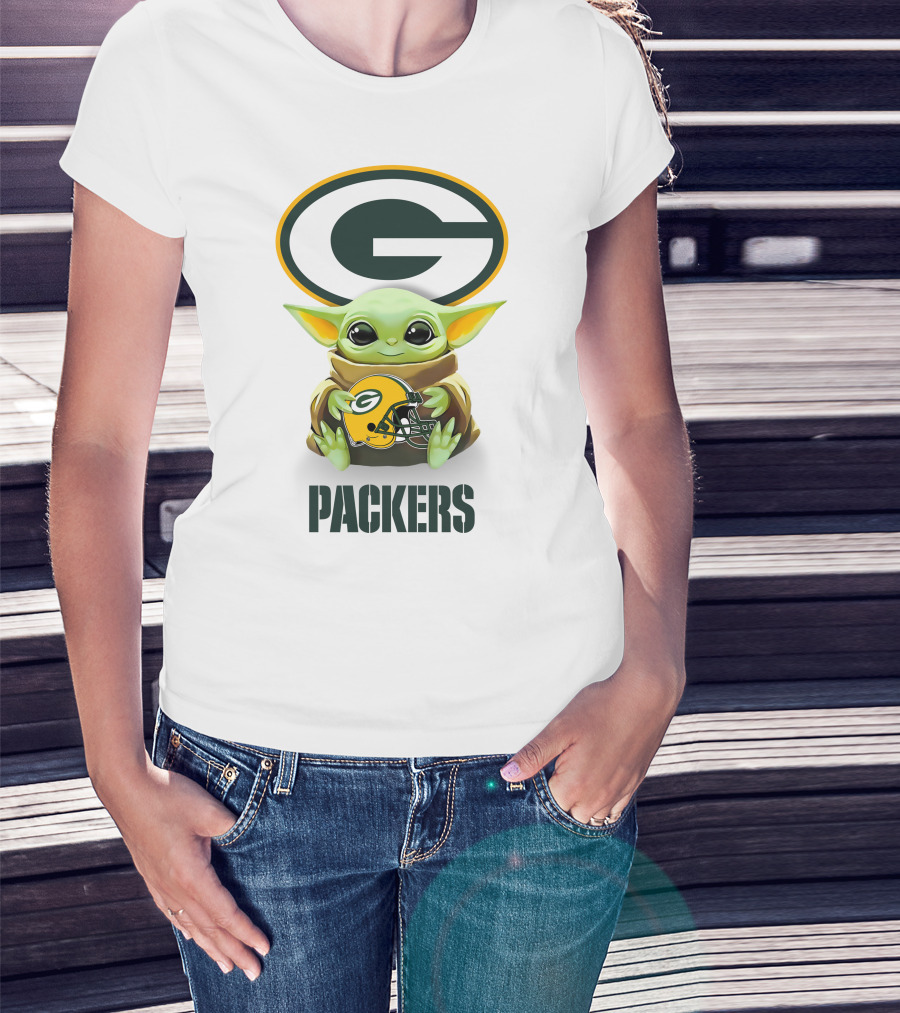 Baby Yoda Hugging Green Bay Packers Helmet With Logo And Packers Text T-Shirt