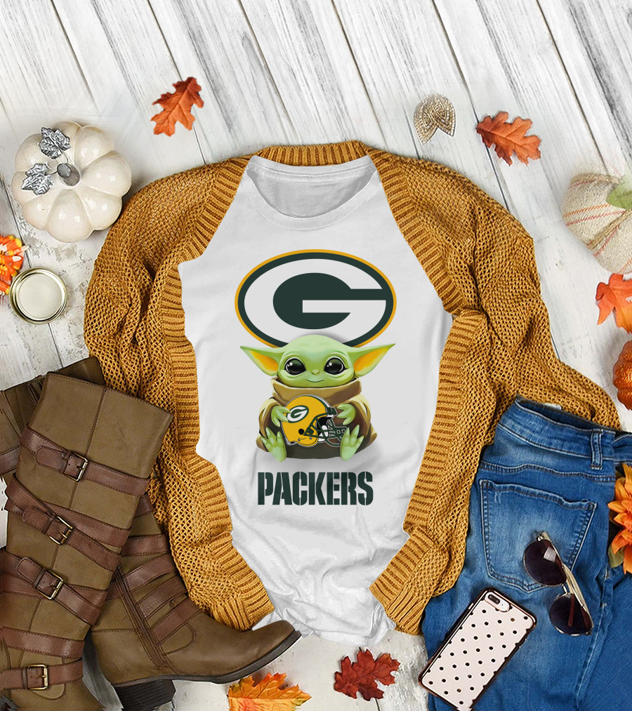 Baby Yoda Hugging Green Bay Packers Helmet with Logo and Packers Text T-Shirt