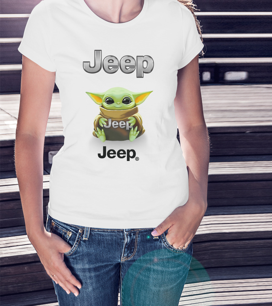 Jeep Baby Yoda Hugging Brand Logo White T-Shirt