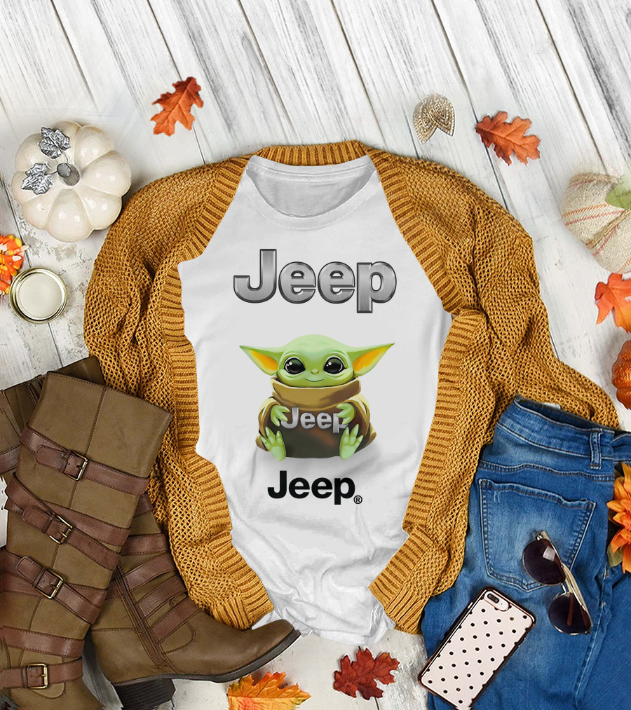 Jeep Baby Yoda Hugging Brand Logo White T-Shirt