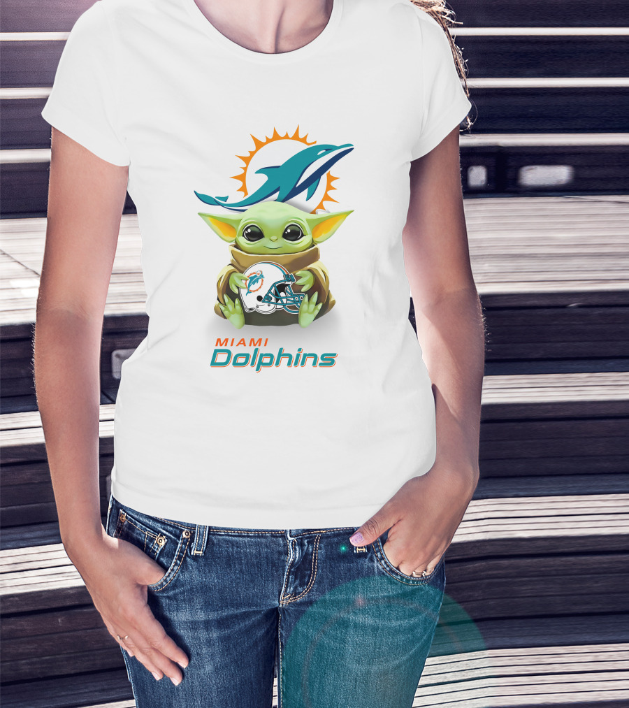 Baby Yoda Holding Miami Dolphins Helmet T-Shirt