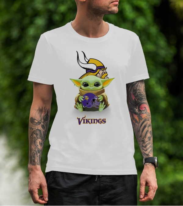 Baby Yoda Holding Minnesota Vikings Helmet T-Shirt