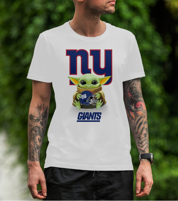 Baby Yoda Holding New York Giants Helmet Under Team T-Shirt